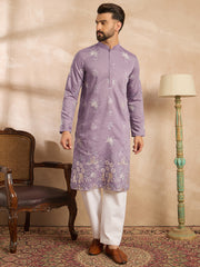 Ethnic Bay Men Lavender Silk Blend Solid Embroidered Straight Kurta-MKU1674