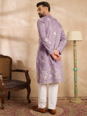 Ethnic Bay Men Lavender Silk Blend Solid Embroidered Straight Kurta-MKU1674