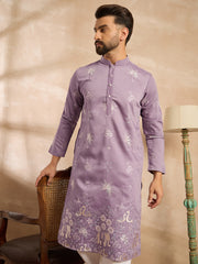 Ethnic Bay Men Lavender Silk Blend Solid Embroidered Straight Kurta-MKU1674