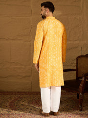 Ethnic Bay Men Yellow Cotton Batik Embroidered Straight Kurta-MKU1675