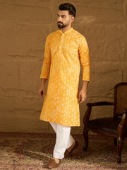 Ethnic Bay Men Yellow Cotton Batik Embroidered Straight Kurta-MKU1675