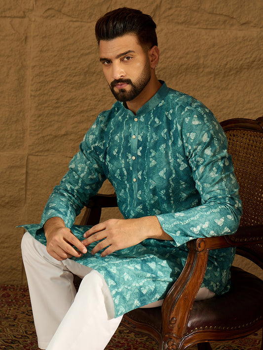Ethnic Bay Men Blue Cotton Batik Embroidered Straight Kurta-MKU1676 1080