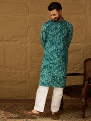Ethnic Bay Men Blue Cotton Batik Embroidered Straight Kurta-MKU1676