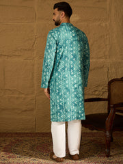 Ethnic Bay Men Blue Cotton Batik Embroidered Straight Kurta-MKU1676