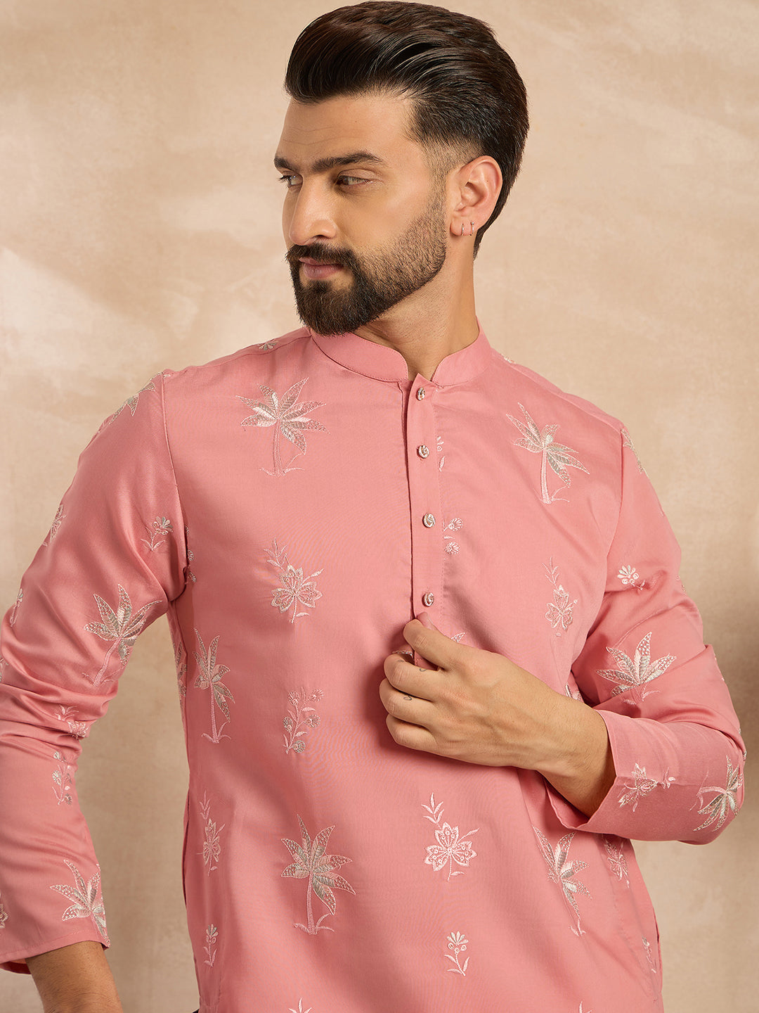 Ethnic Bay Men Pink Cotton Solid Embroidered Straight Kurta