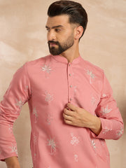 Ethnic Bay Men Pink Cotton Solid Embroidered Straight Kurta-MKU1677
