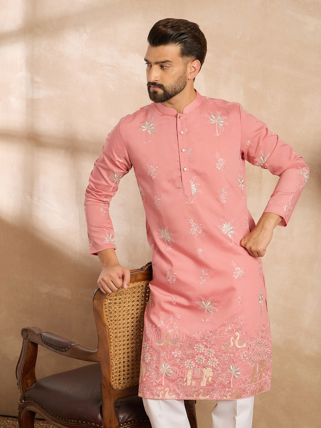 Ethnic Bay Men Pink Cotton Solid Embroidered Straight Kurta