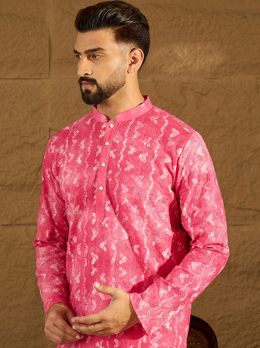 Ethnic Bay Men Pink Cotton Batik Embroidered Straight Kurta-MKU1678 1080