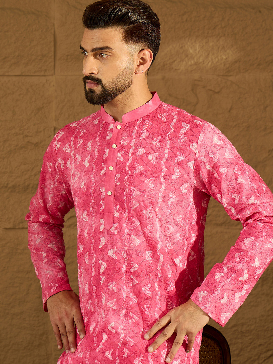 Ethnic Bay Men Pink Cotton Batik Embroidered Straight Kurta-MKU1678