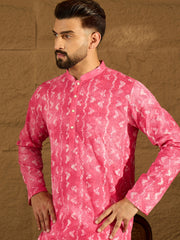 Ethnic Bay Men Pink Cotton Batik Embroidered Straight Kurta-MKU1678