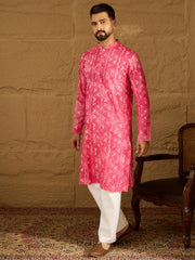 Ethnic Bay Men Pink Cotton Batik Embroidered Straight Kurta-MKU1678