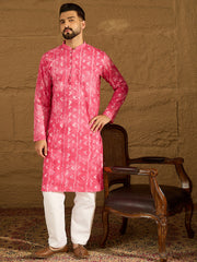 Ethnic Bay Men Pink Cotton Batik Embroidered Straight Kurta-MKU1678