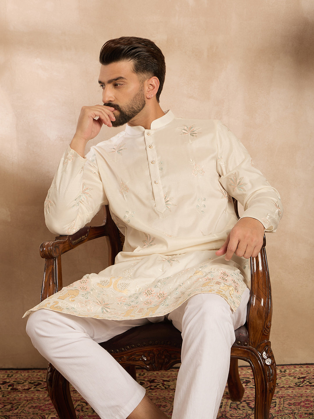 Ethnic Bay Men White Silk Blend Solid Embroidered Straight Kurta