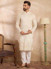 Ethnic Bay Men White Silk Blend Solid Embroidered Straight Kurta-MKU1680