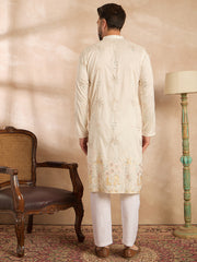 Ethnic Bay Men White Silk Blend Solid Embroidered Straight Kurta-MKU1680