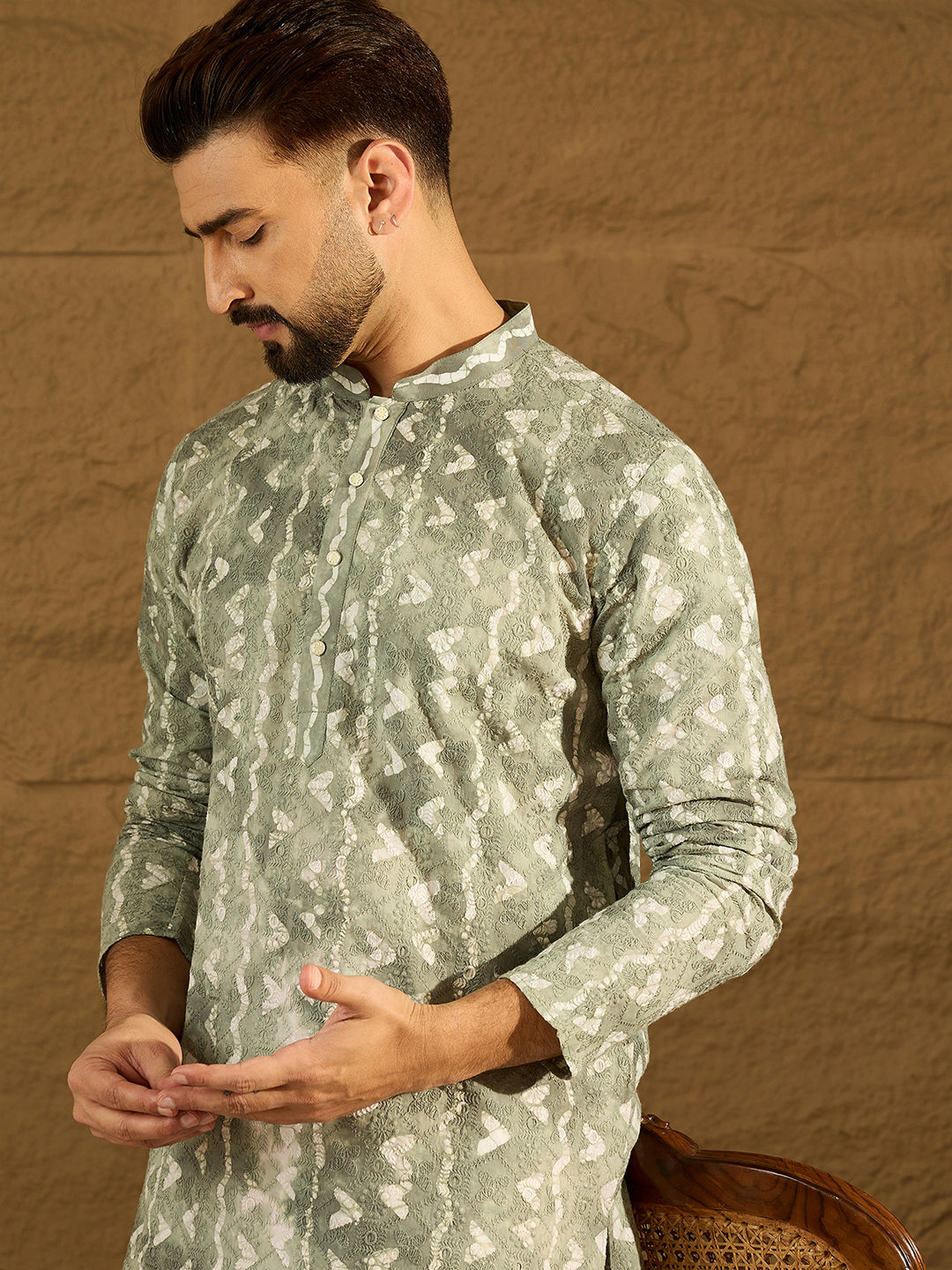 Ethnic Bay Men Sea Green Cotton Batik Embroidered Straight Kurta-MKU1681