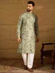 Ethnic Bay Men Sea Green Cotton Batik Embroidered Straight Kurta-MKU1681