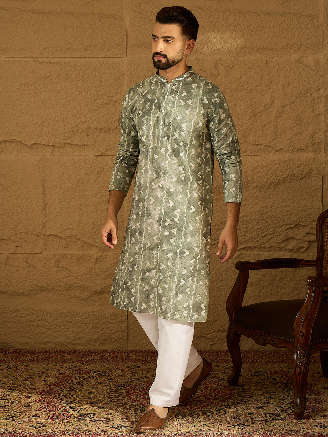Ethnic Bay Men Sea Green Cotton Batik Embroidered Straight Kurta-MKU1681