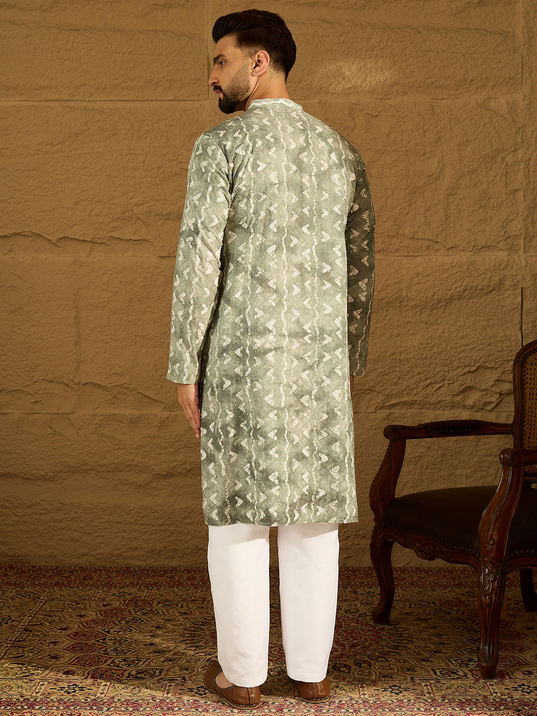 Ethnic Bay Men Sea Green Cotton Batik Embroidered Straight Kurta-MKU1681