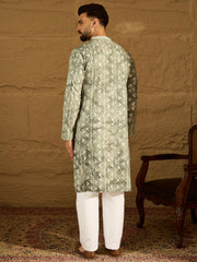 Ethnic Bay Men Sea Green Cotton Batik Embroidered Straight Kurta-MKU1681