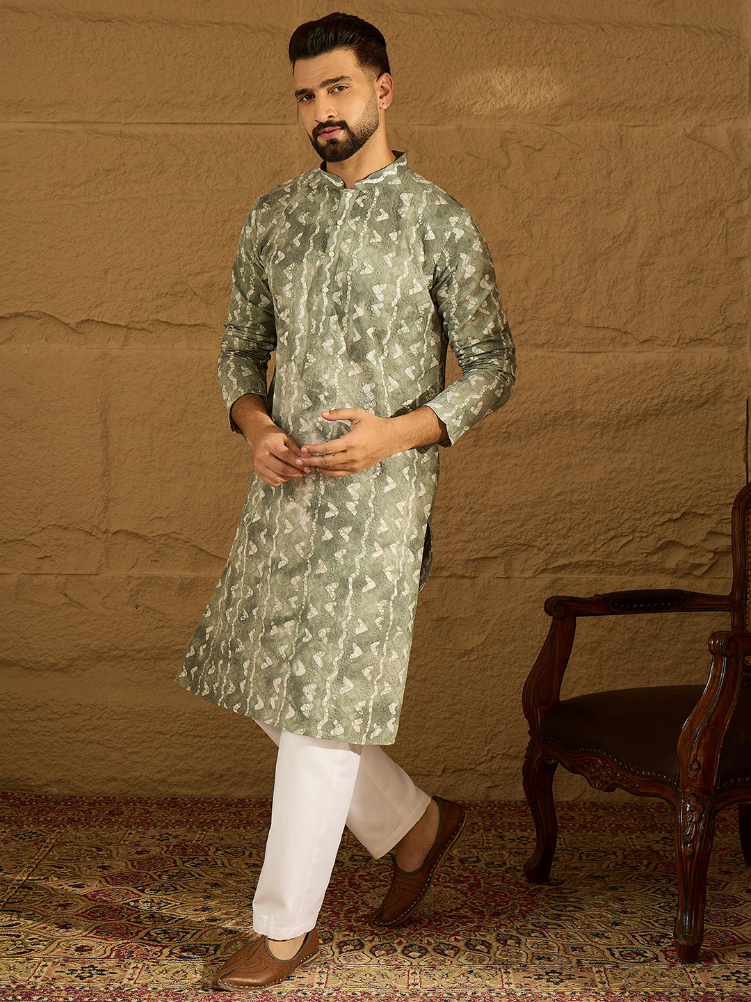 Ethnic Bay Men Sea Green Cotton Batik Embroidered Straight Kurta-MKU1681
