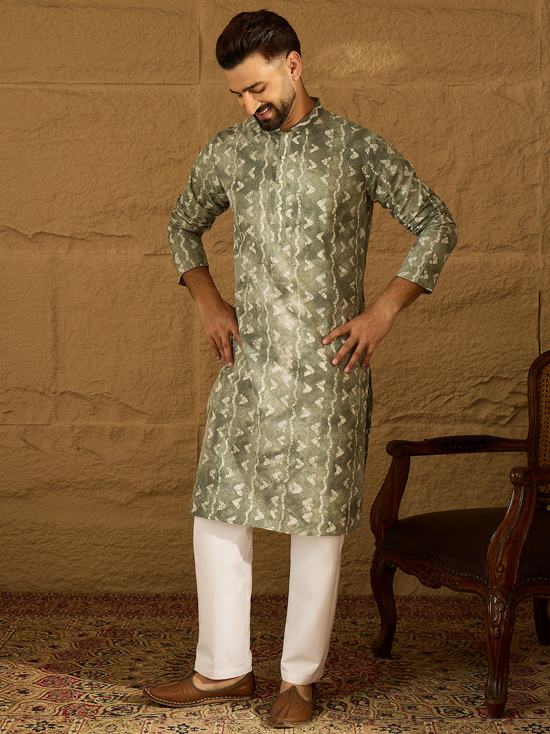 Ethnic Bay Men Sea Green Cotton Batik Embroidered Straight Kurta-MKU1681