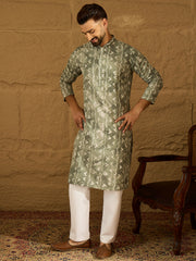 Ethnic Bay Men Sea Green Cotton Batik Embroidered Straight Kurta-MKU1681