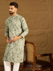 Ethnic Bay Men Sea Green Cotton Batik Embroidered Straight Kurta-MKU1681