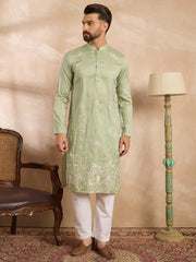 Ethnic Bay Men Olive Silk Blend Solid Embroidered Straight Kurta-MKU1682
