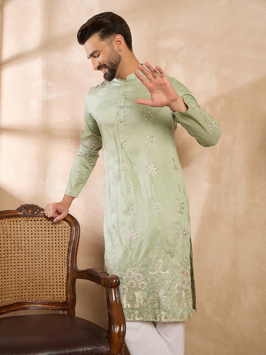 Ethnic Bay Men Olive Silk Blend Solid Embroidered Straight Kurta