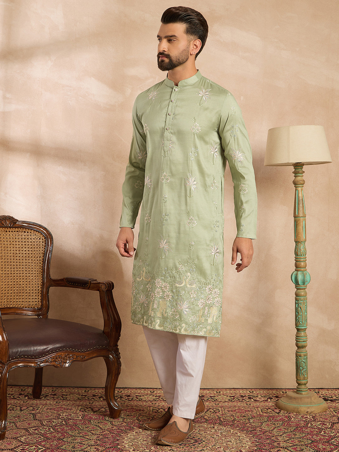 Ethnic Bay Men Olive Silk Blend Solid Embroidered Straight Kurta