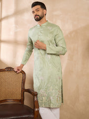 Ethnic Bay Men Olive Silk Blend Solid Embroidered Straight Kurta-MKU1682