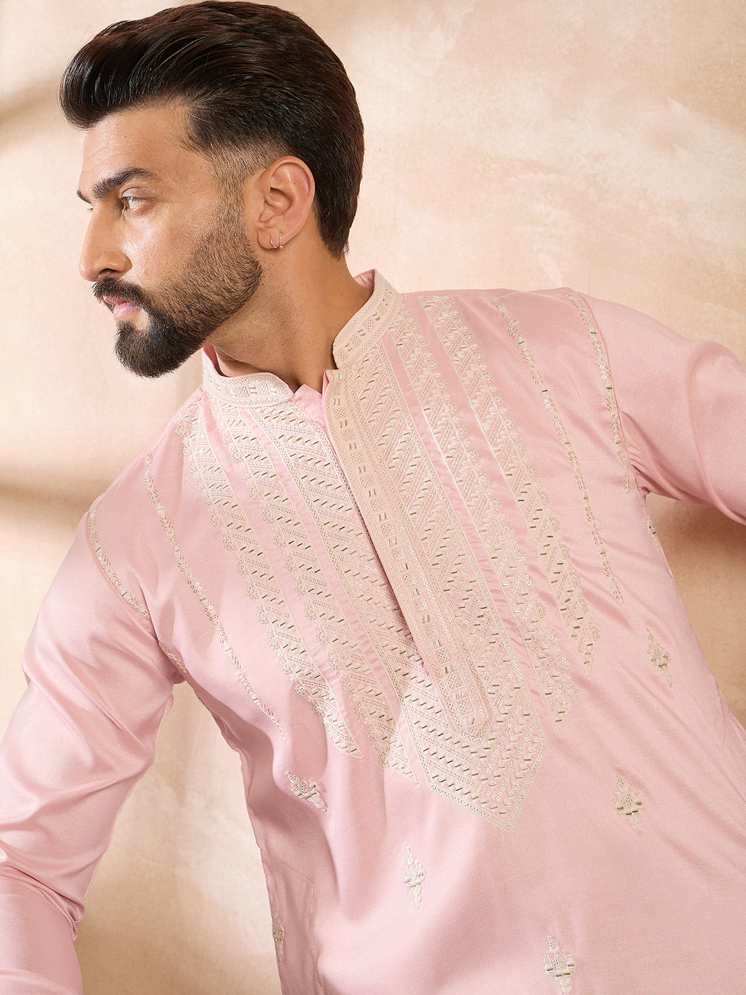 Ethnic Bay Men Pink Silk Geometric Embroidered Straight Kurta-MKU1683
