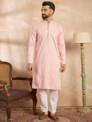 Ethnic Bay Men Pink Silk Geometric Embroidered Straight Kurta-MKU1683