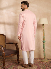 Ethnic Bay Men Pink Silk Geometric Embroidered Straight Kurta-MKU1683