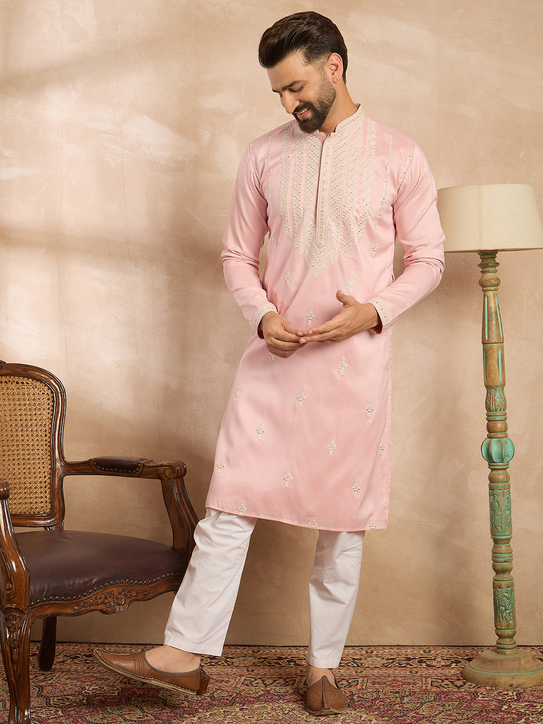 Ethnic Bay Men Pink Silk Geometric Embroidered Straight Kurta