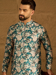 Ethnic Bay Men Blue Silk Blend Floral Printed Straight Kurta-MKU1684