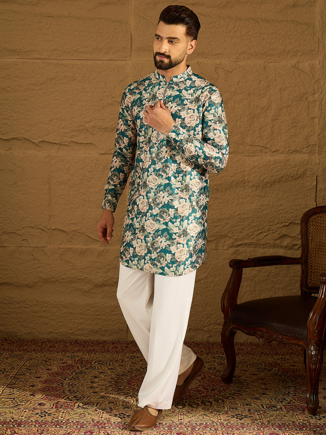 Ethnic Bay Men Blue Silk Blend Floral Printed Straight Kurta-MKU1684