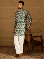 Ethnic Bay Men Blue Silk Blend Floral Printed Straight Kurta-MKU1684