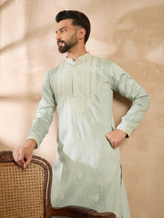 Ethnic Bay Men Green Silk Blend Geometric Embroidered Straight Kurta-MKU1686