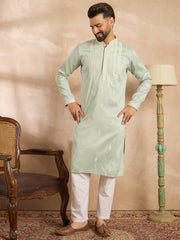 Ethnic Bay Men Green Silk Blend Geometric Embroidered Straight Kurta-MKU1686