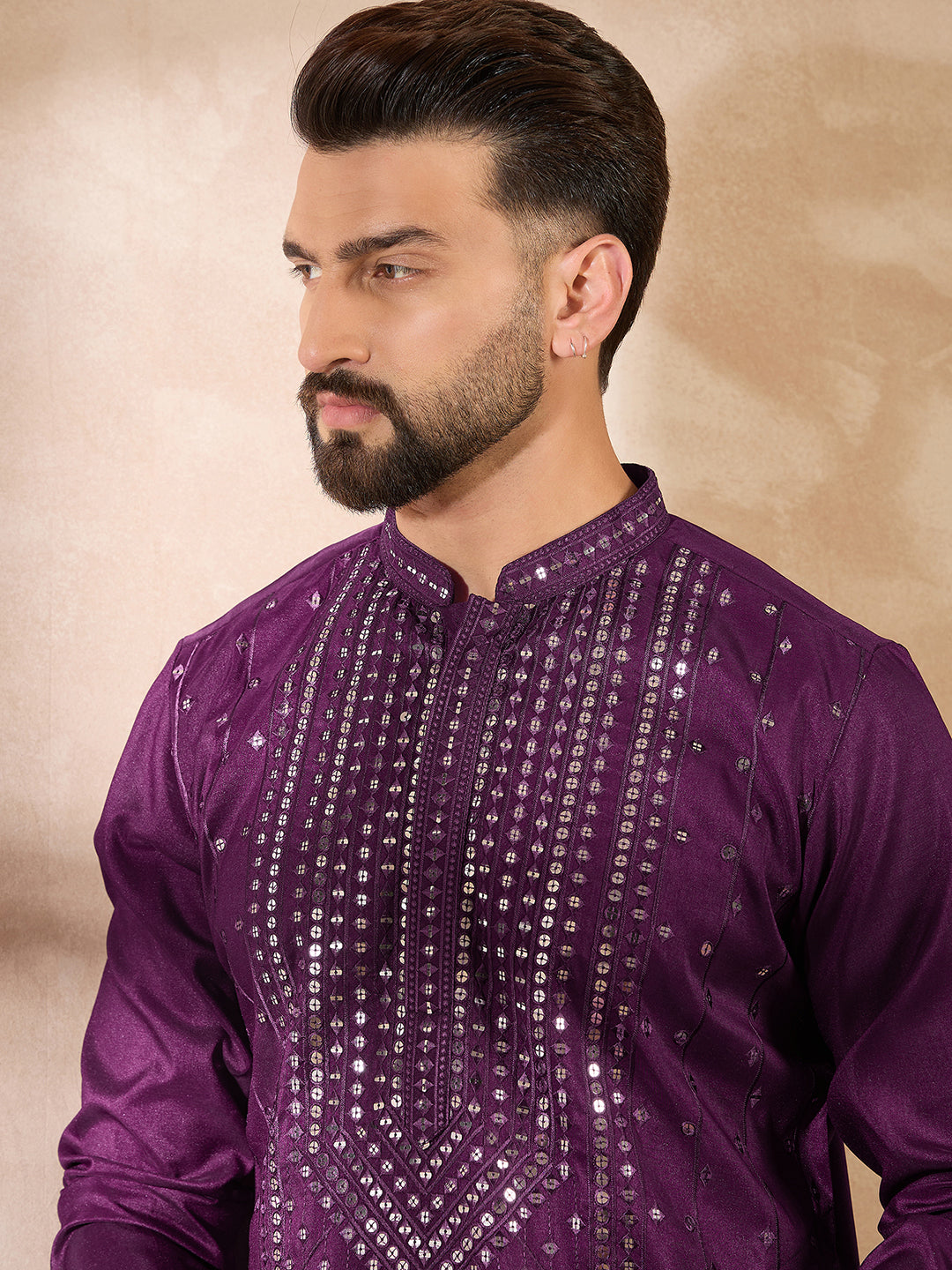 Ethnic Bay Men Purple Silk Blend Geometric Embroidered Straight Kurta