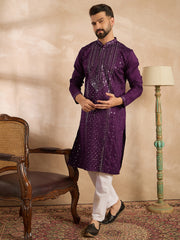 Ethnic Bay Men Purple Silk Blend Geometric Embroidered Straight Kurta-MKU1687
