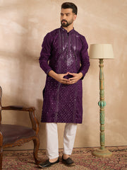 Ethnic Bay Men Purple Silk Blend Geometric Embroidered Straight Kurta-MKU1687