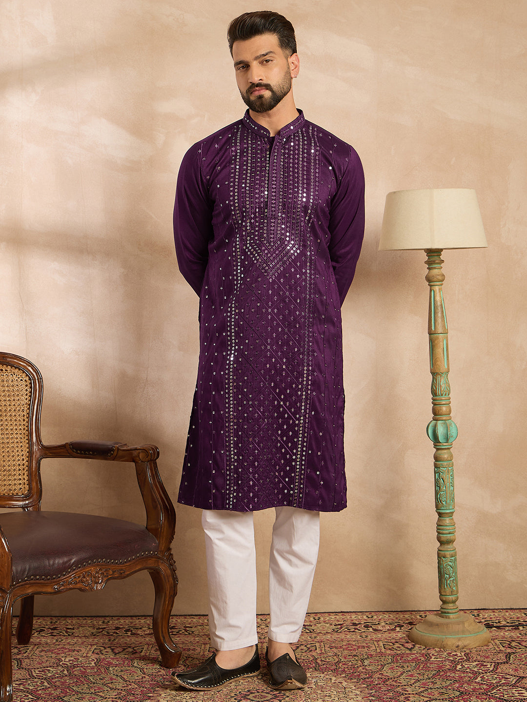 Ethnic Bay Men Purple Silk Blend Geometric Embroidered Straight Kurta
