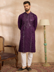 Ethnic Bay Men Purple Silk Blend Geometric Embroidered Straight Kurta-MKU1687
