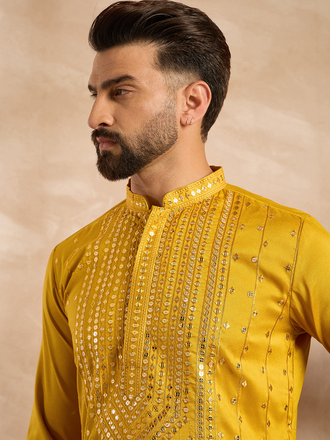 Ethnic Bay Men Yellow Silk Blend Geometric Embroidered Straight Kurta-MKU1688