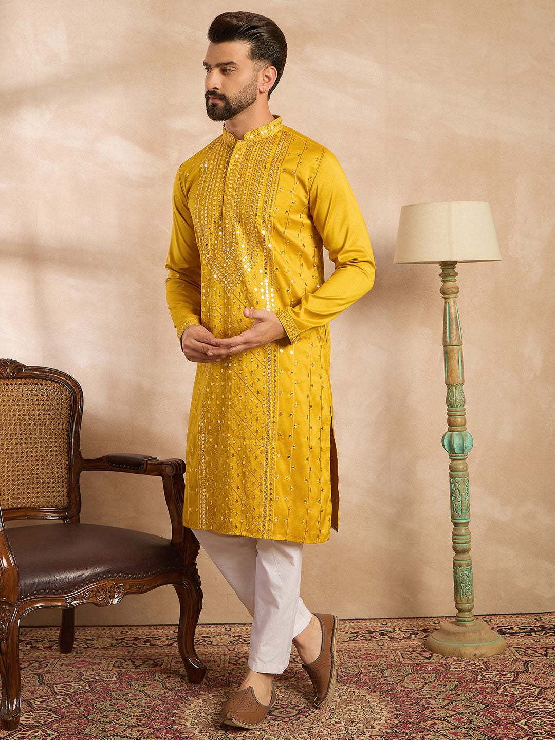 Ethnic Bay Men Yellow Silk Blend Geometric Embroidered Straight Kurta