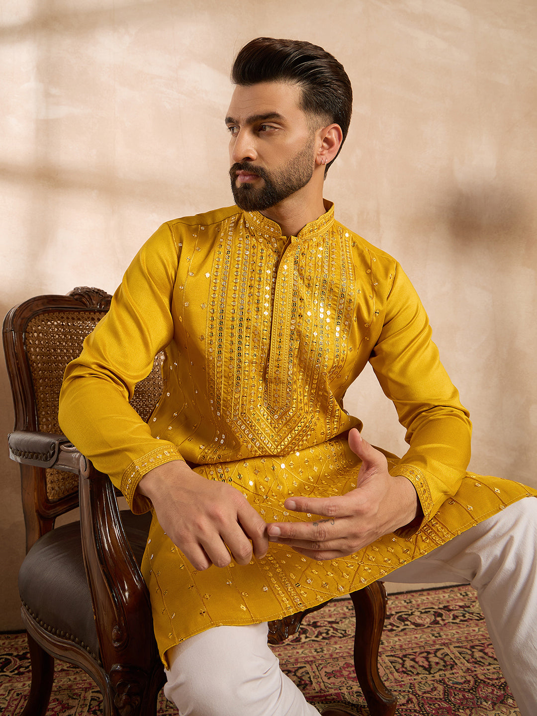 Ethnic Bay Men Yellow Silk Blend Geometric Embroidered Straight Kurta