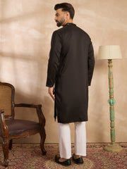 Ethnic Bay Men Black Silk Blend Geometric Embroidered Straight Kurta-MKU1689